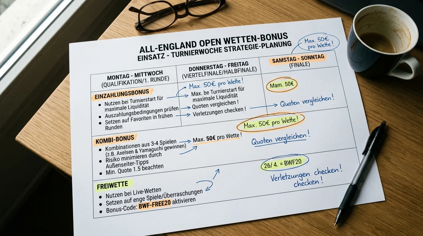 Bonus Einsatz beim All England Open optimal planen Einzahlungsbonus und Kombi-Bonus für Badminton
