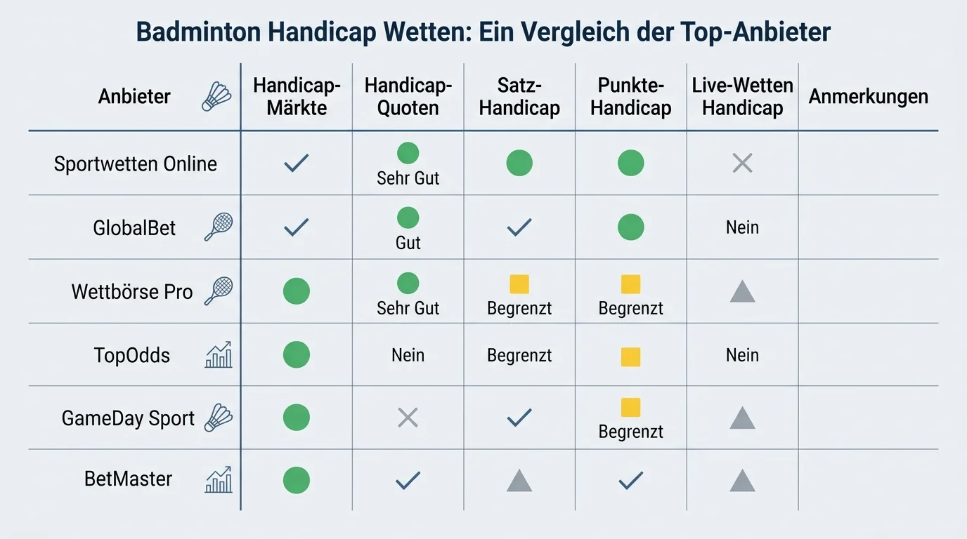 Auswahl GGL-lizenzierter Anbieter mit Badminton Handicap-Wettmärkten, Vergleich Super 1000 und Super 300