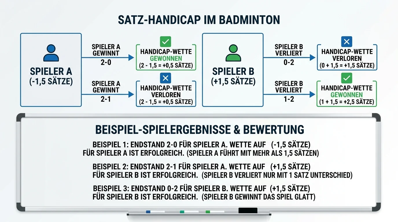Satz-Handicap bei Badminton-Wetten, Beispielrechnung mit Quoten für Favorit und Außenseiter