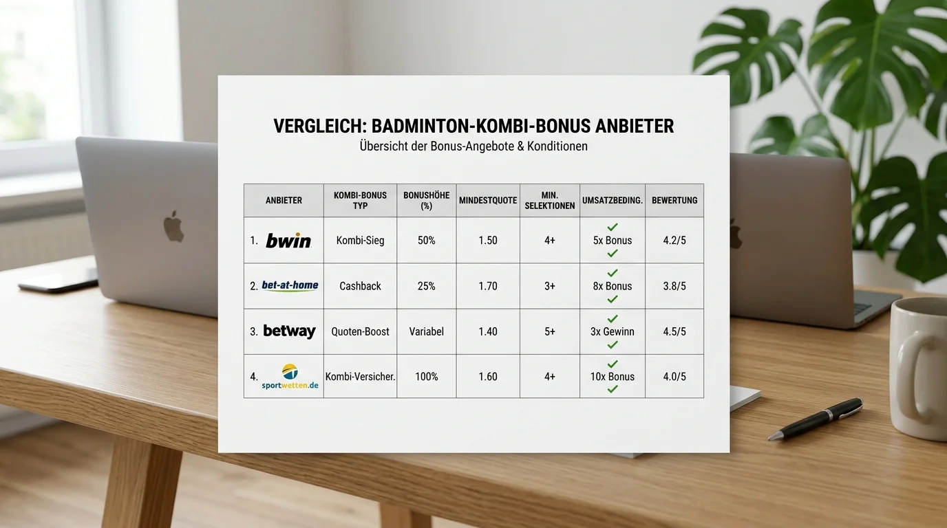Vergleich der besten GGL-lizenzierten Anbieter mit Kombi-Bonus für Badminton Akkuwetten 2026