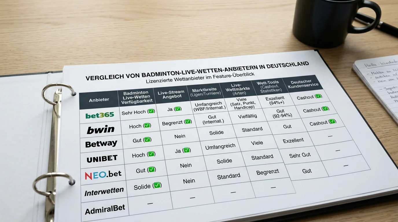 Vergleich der besten GGL-lizenzierten Anbieter für Badminton Live Wetten Markttiefe Stream und Quoten 2026