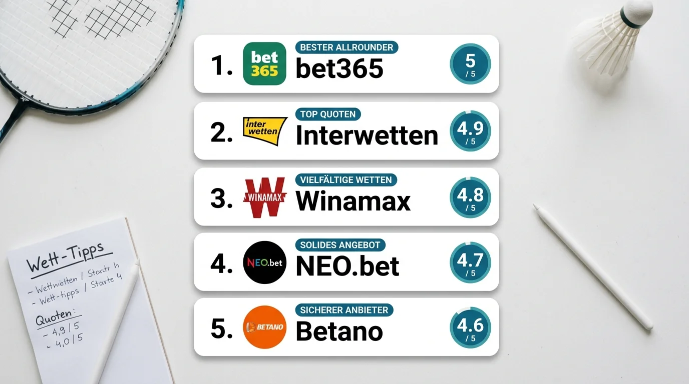 Top-5 Badminton-Wettanbieter 2026 im Ranking, bwin, bet-at-home, Betway, Merkur Bets und bet365 im Vergleich