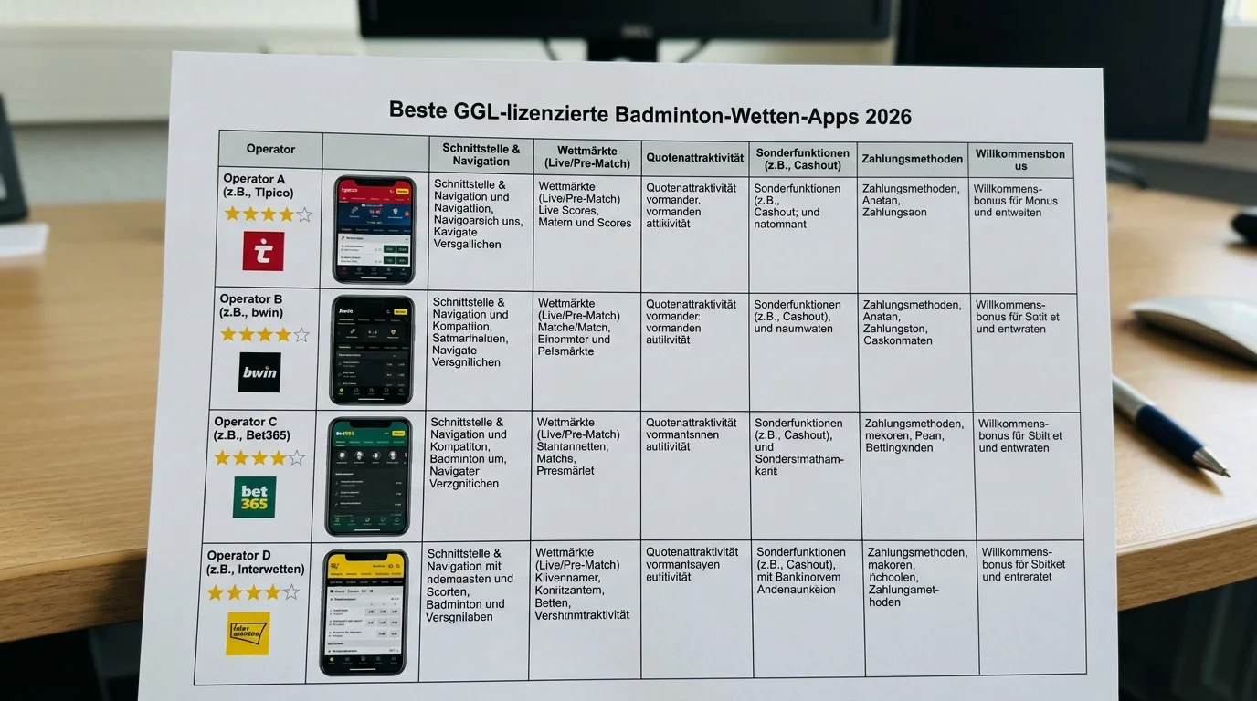 Beste Sportwetten Apps für Badminton 2026, Vergleich GGL-lizenzierter Anbieter nach Live-Modus und Quotengeschwindigkeit