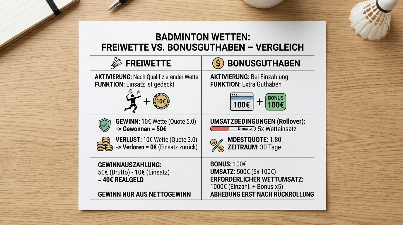 Unterschied zwischen Freiwette und Bonusguthaben bei Badminton-Sportwetten, Wert und Einsatz im Vergleich