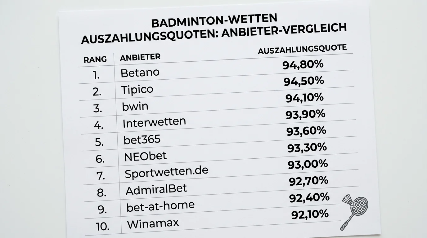 Badminton Auszahlungsquoten im Anbieter-Vergleich 2026, Interwetten, bet-at-home, bwin und bet365 im direkten Vergleich