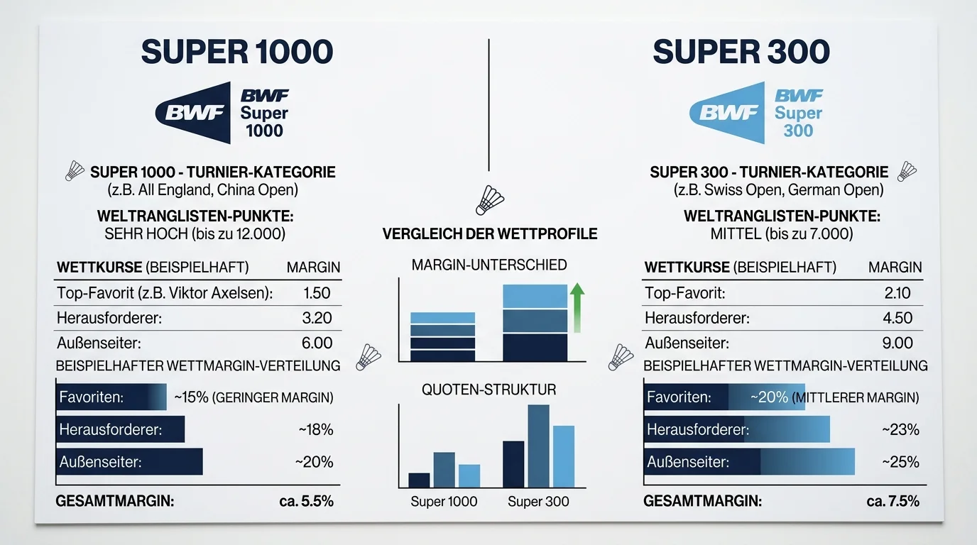 Badminton Quotenvergleich Super 1000 vs. Super 300 Turniere 2026, Auszahlungsquoten und Margen nach BWF-Turnierkategorie