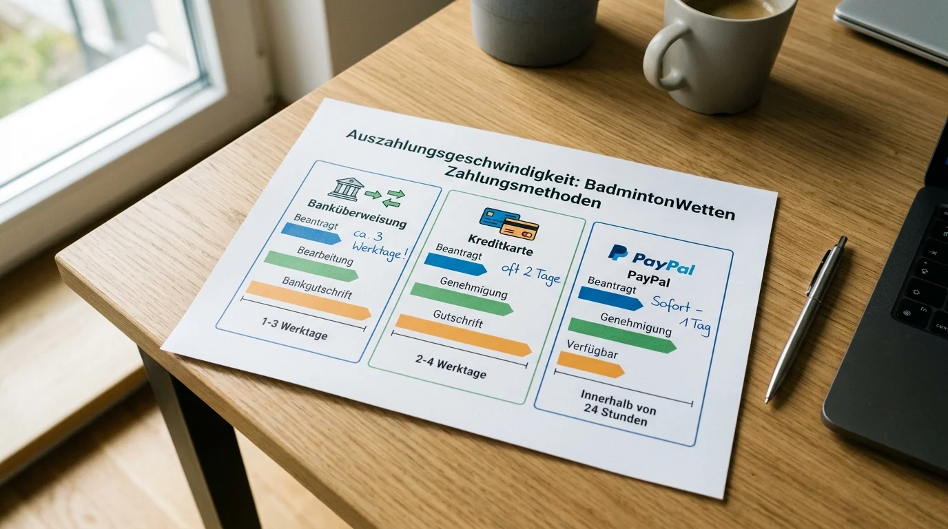 Auszahlungsgeschwindigkeit bei deutschen Badminton-Sportwettenanbietern, Vergleich von Banküberweisung, Kreditkarte und PayPal