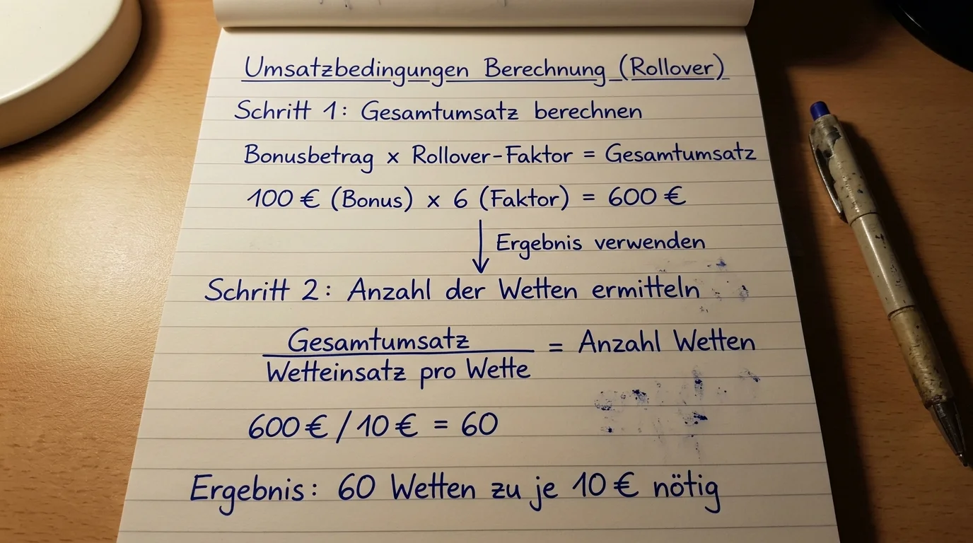 Rollover-Berechnung für 100-Euro-Einzahlungsbonus: 5-facher Umsatz bedeutet 500 Euro qualifizierte Wetteinsätze