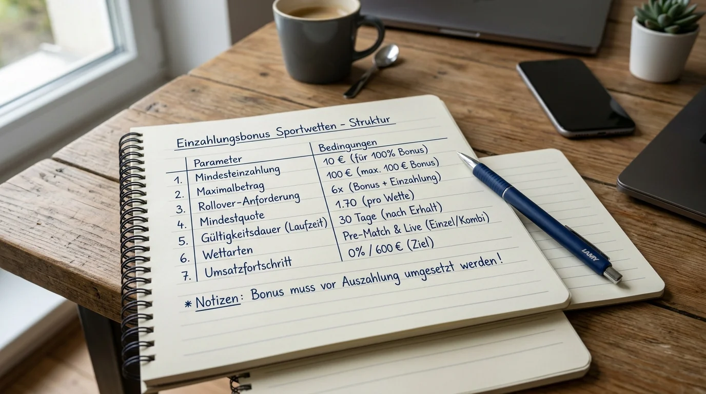 Struktur des Einzahlungsbonus bei Sportwetten: Mindesteinzahlung, Rollover und Bonuslaufzeit am Beispiel erklärt
