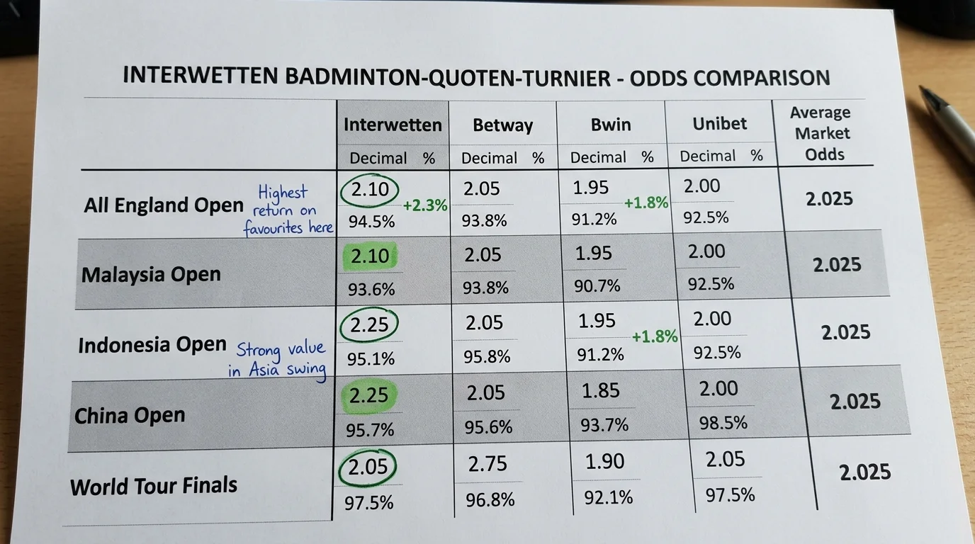 Interwetten Badminton Quotenvergleich nach Turnier, Super 1000 und Super 500 Auszahlungsquoten
