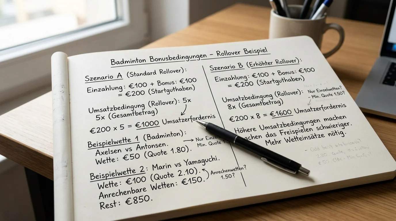 Rollover-Praxisbeispiel für Badminton-Wetten 2026, 5x und 6x Umsatzbedingungen mit konkreten Zahlen