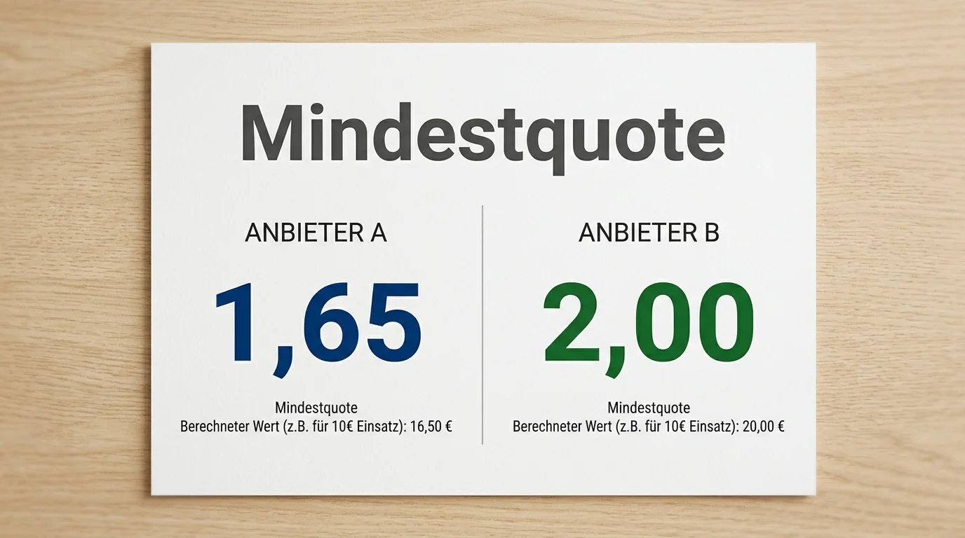 Mindestquoten-Vergleich bei deutschen Sportwettenanbietern 2026, 1,65 vs. 2,00 Mindestquote für Bonuswetten
