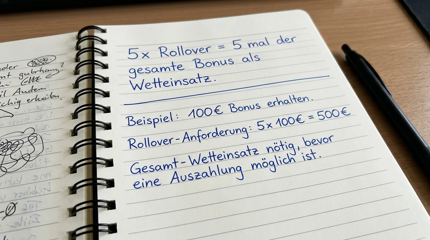 Rollover-Definition bei Sportwetten: 5-facher Umsatz bedeutet 500 Euro Wetteinsatz bei 100 Euro Bonus, nicht fünf einzelne Wetten