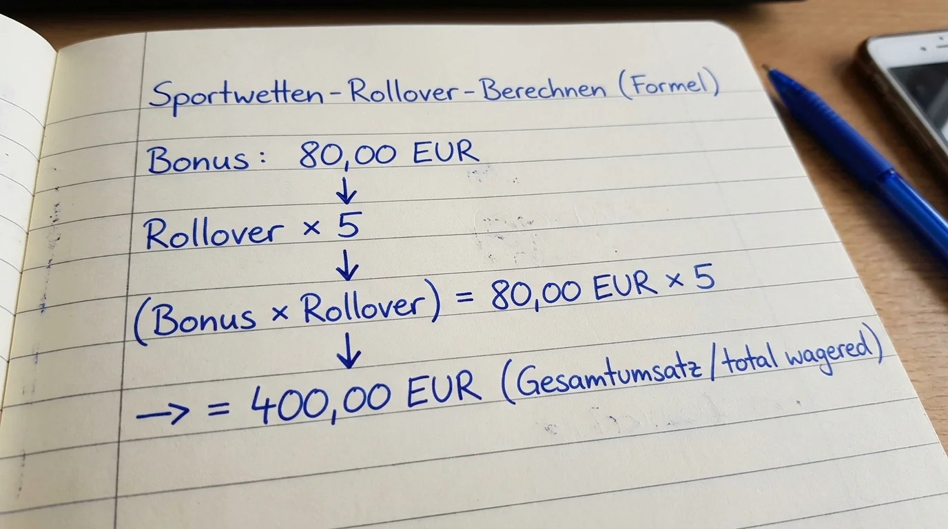 Rollover-Formel für Sportwetten: Bonusbetrag mal Multiplikator ergibt erforderlichen Gesamtumsatz, Schritt-für-Schritt-Anleitung